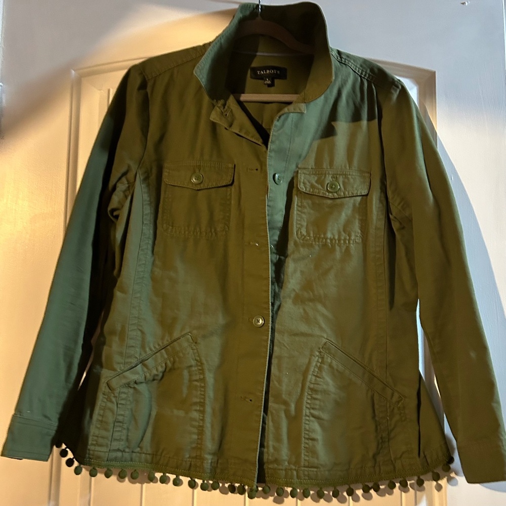 Talbot's Spring Jacket Green Pom Pom Ball  Trimmed Large